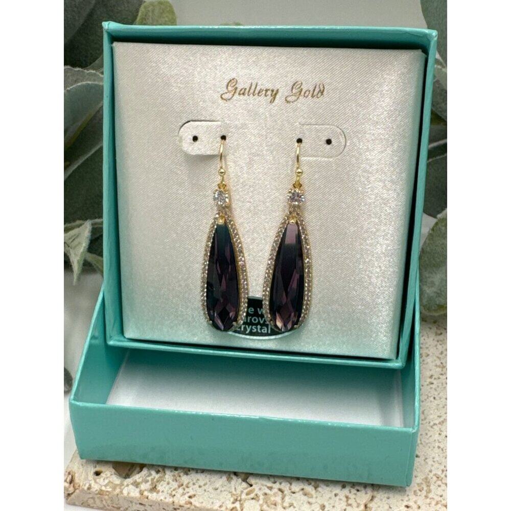 Swarovski New in Box Gold Purple Crystal Dangle Earrings Jewelry